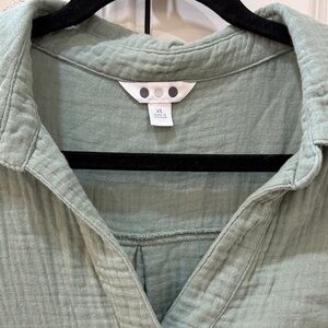 Three Dots Sage Green Cotton Gauze Button-Up Top